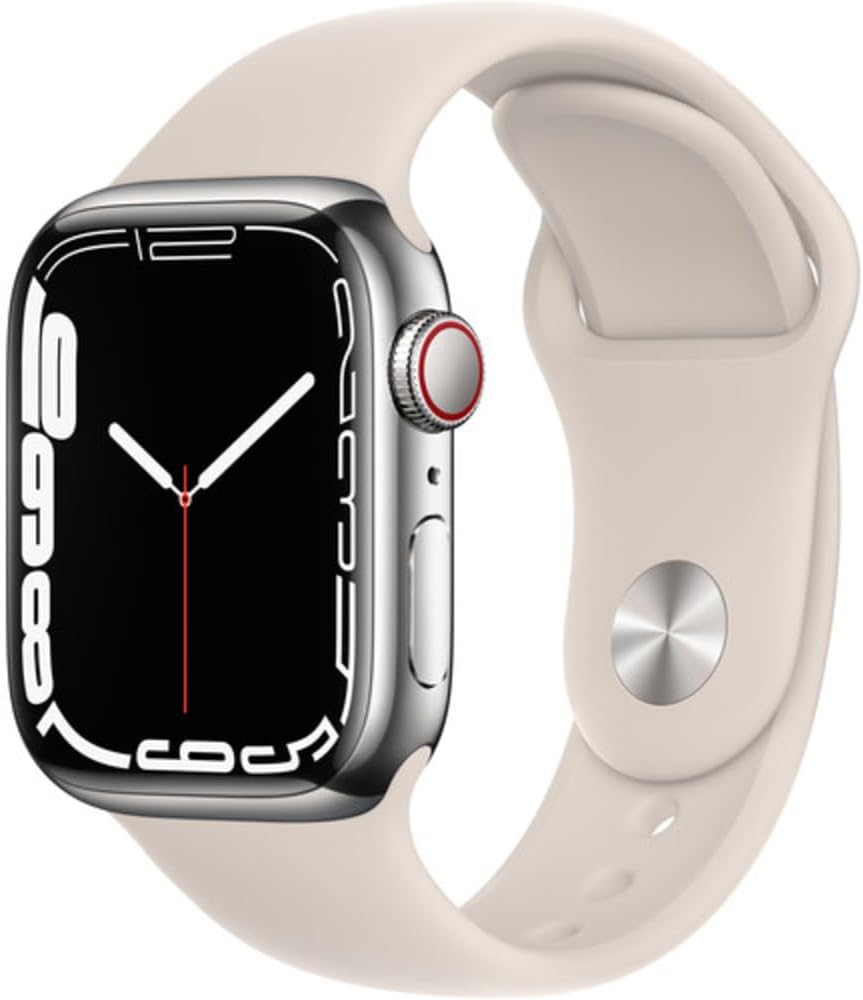 Apple Watch Series 7 (GPS + Cellular, 41MM) Silver Stainless Steel Case with Starlight Sport Band (Renewed)