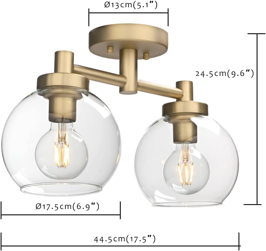 Pathson Glass Ceiling Light Fixtures, 2 Lights Globe Round Ceiling Lighting Lamp, Semi-Flush Mounted Ceiling Lights for Living Room Bathroom Hallway Loft Kitchen