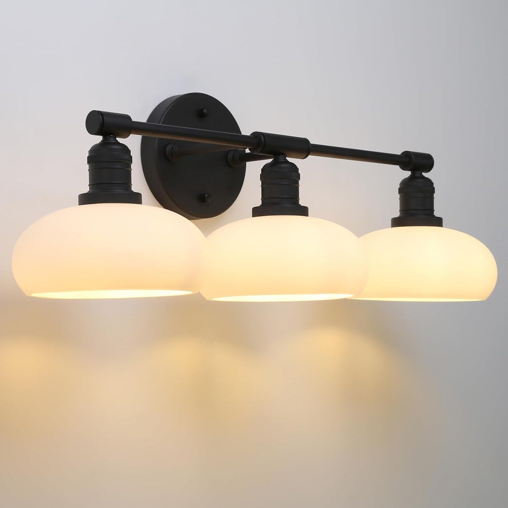 Pathson 3-Lights Milky Bathroom Wall Sconces, Hardwired Triple Head Glass Wall Vanity Light Fixtures, Vintage Wall Lamps Home Decor for Mirror Living Room, E26 Bulb Base