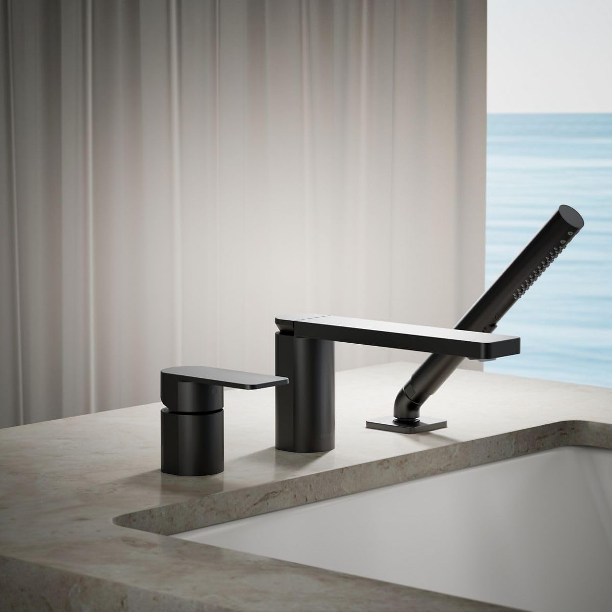 Kohler 23488-4-BL Parallel Single-Handle Deck-Mount Bath Faucet with handshower, Matte Black