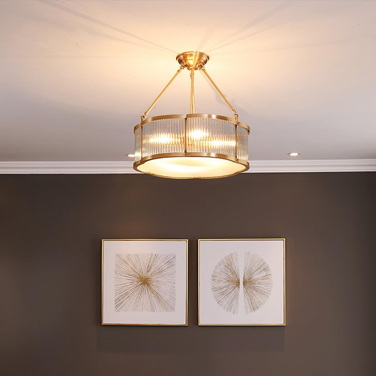 Vintage Semi-Flush Gold Chandelier,Mid-Century Modern Brass Ceiling Light Fixture,Art Deco Floral Ceiling Light,Frosted Glass Ceiling Lamp for Nursery Bedroom Kitchen