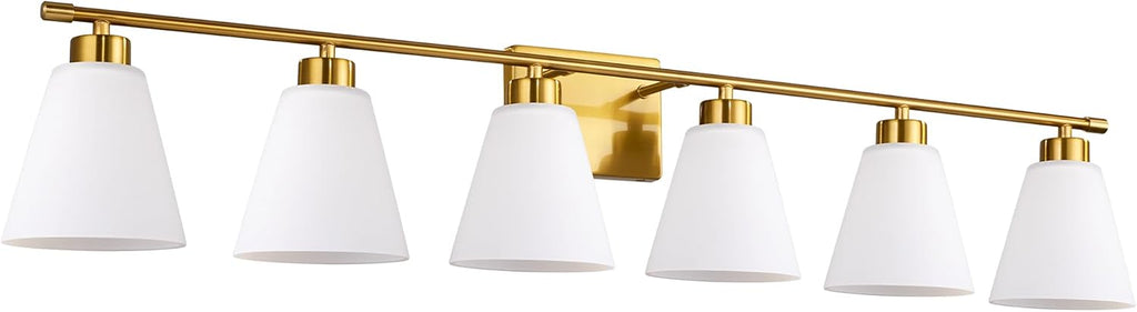 Hamilyeah 6 Light Bathroom Vanity Light Gold, 45 inch Gold Bathroom Vanity Lighting Fixtures Over Mirror with Milk Glass Shade, 6 Bulb Light Fixtures Over Mirror