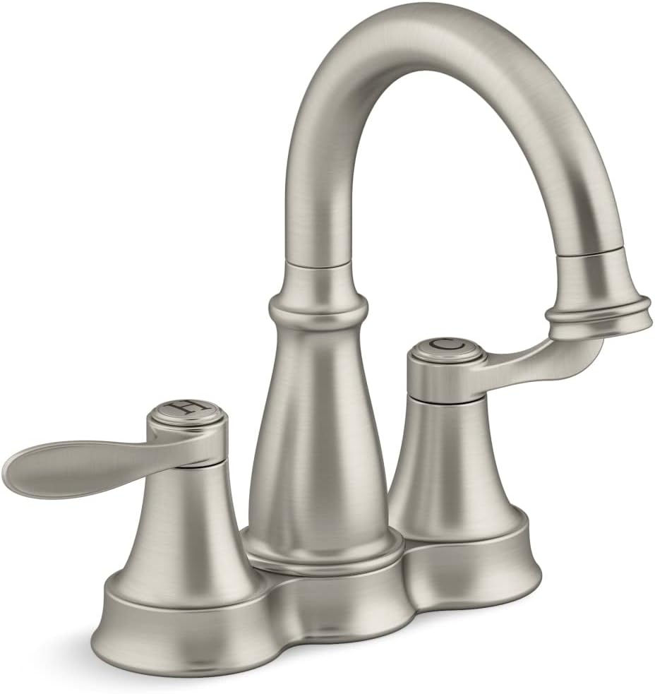 KOHLER 27378-4N-BN Bellera Centerset Bathroom Faucet with Clicker Drain, 2-Handle Bathroom Sink Faucet, 0.5 GPM, Vibrant Brushed Nickel