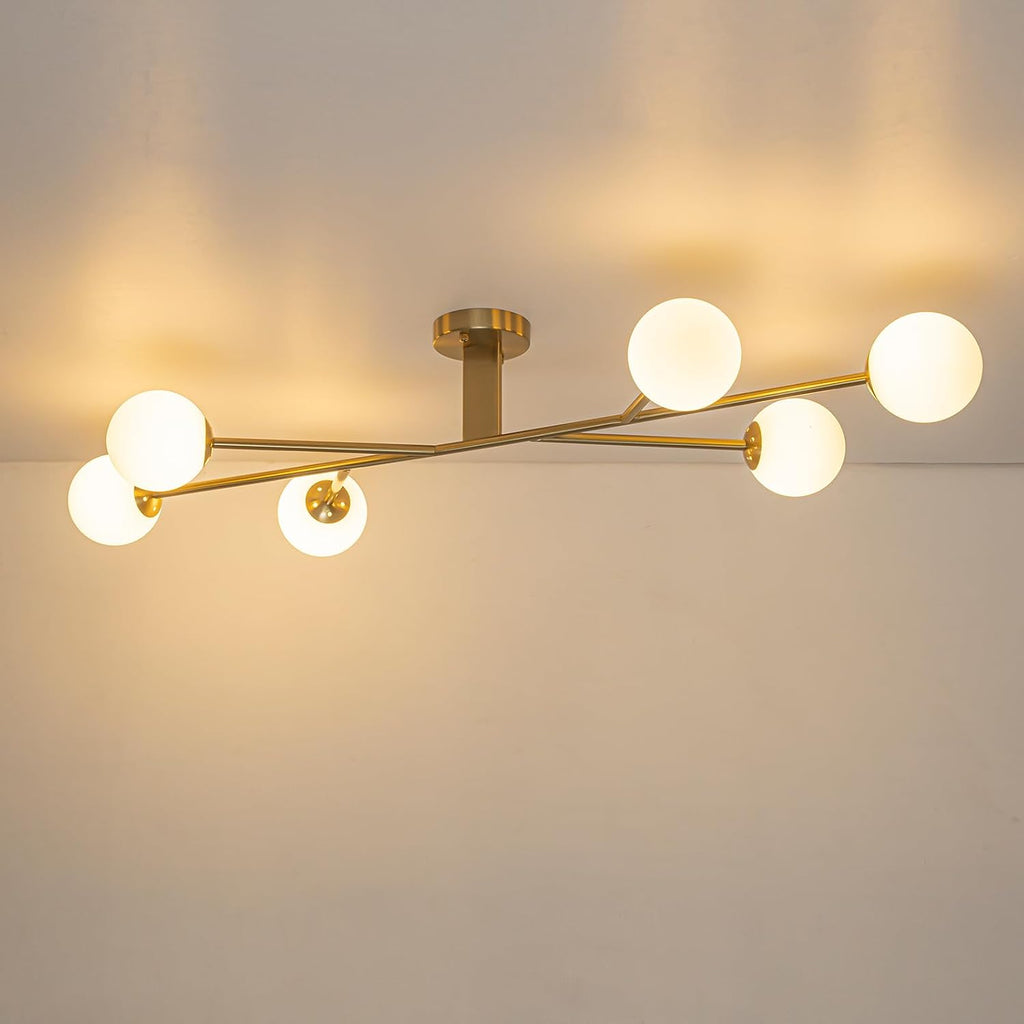 Lingkai 6-Light Gold Sputnik Semi Flush Mount Ceiling Light, 47.2' Modern Globe Milk Glass Bubble Chandeliers Ceiling Light Fixture with Ceramic Base for Kitchen Island Living Room Dining Room Entry