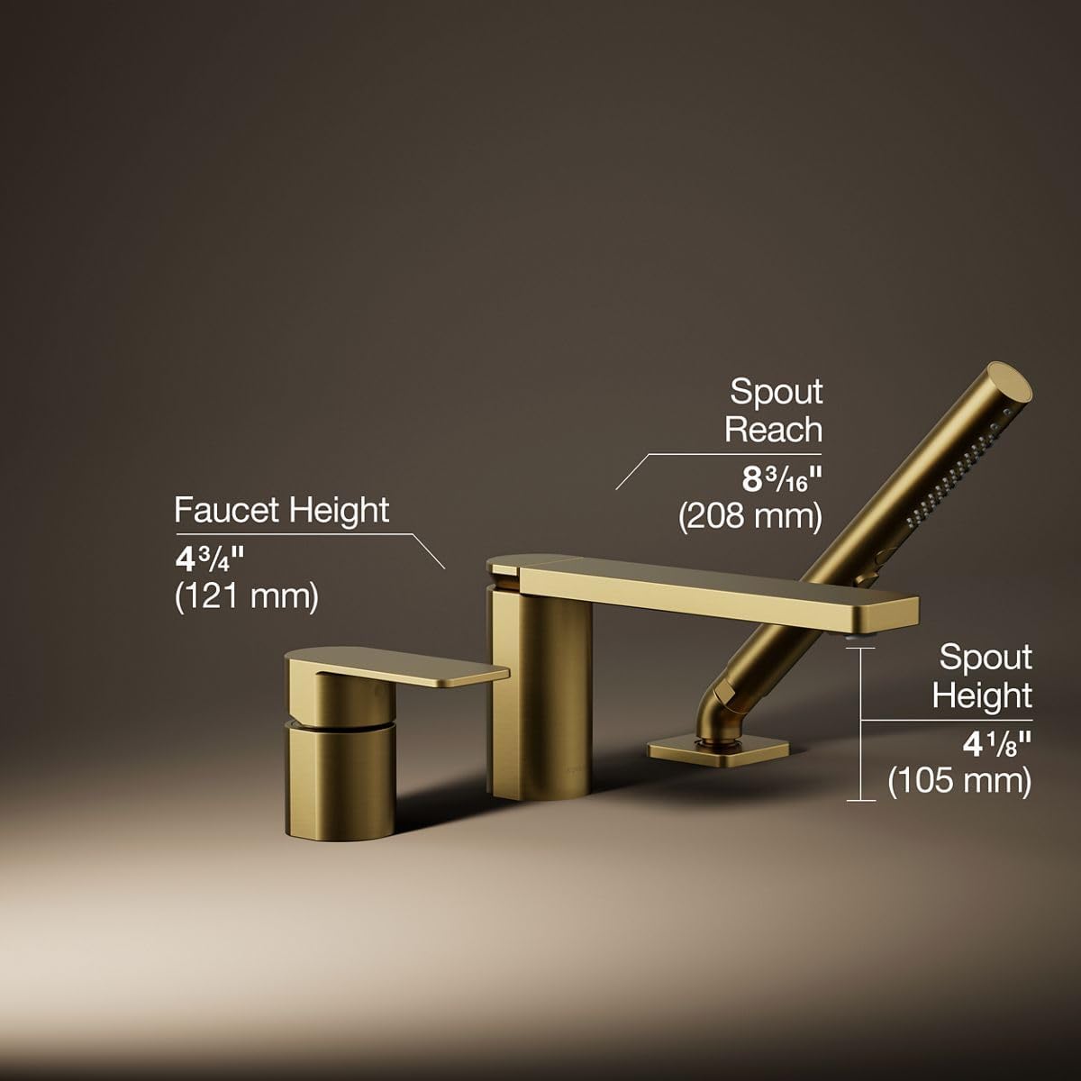 Kohler 23488-4-2MB Parallel Single-Handle Deck-Mount Bath Faucet with handshower, Vibrant Brushed Moderne Brass