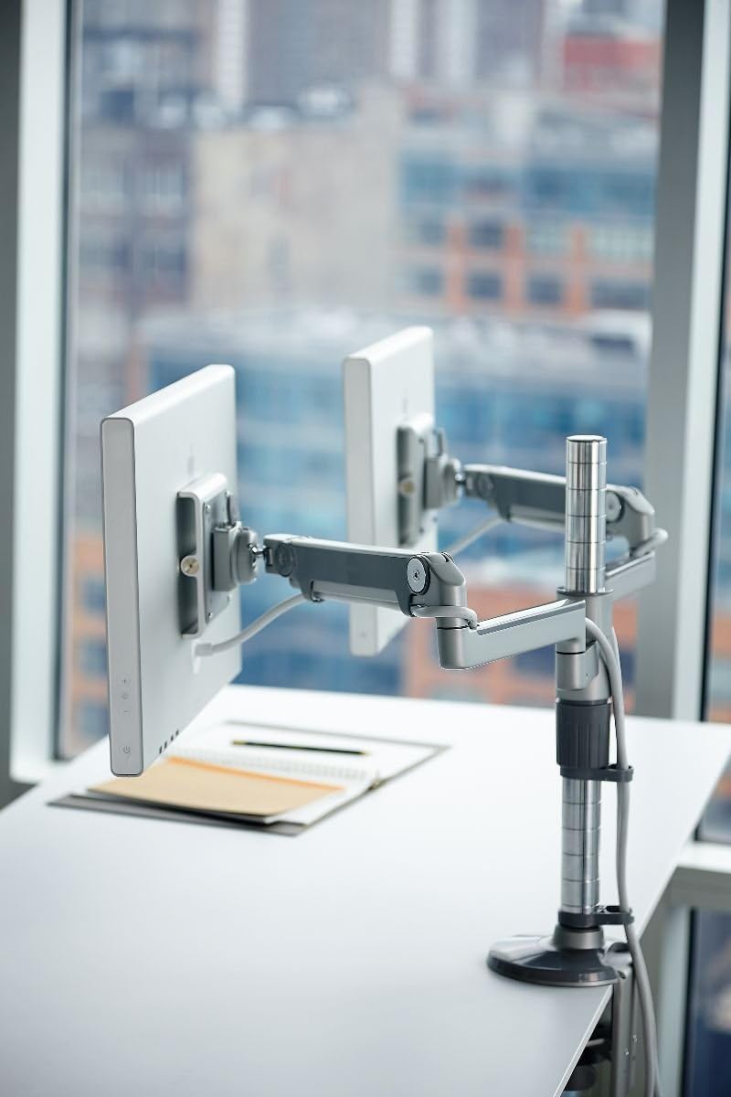Humanscale M8 Adjustable Articulating Computer Monitor Arm - Two Piece Clamp On Mount with Base - Black with Black Trim