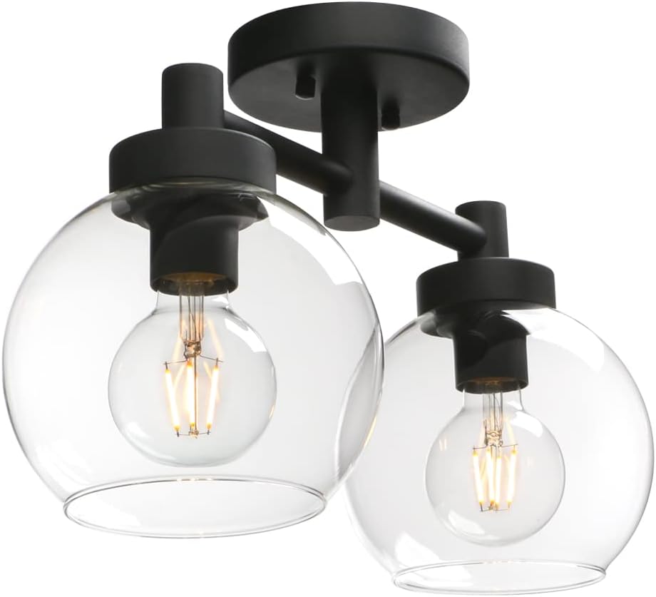 Pathson Glass Ceiling Light Fixtures, 2 Lights Globe Round Ceiling Lighting Lamp, Semi-Flush Mounted Ceiling Lights for Living Room Bathroom Hallway Loft Kitchen