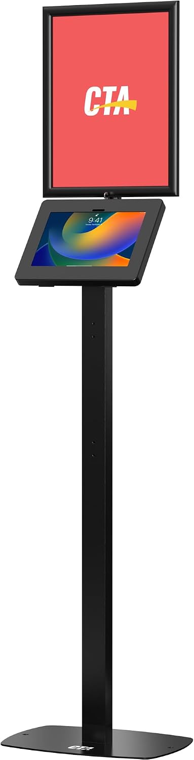Thin Profile Graphic Sign Floor Stand – CTA Thin Graphic Sign Floor Stand w/Security Enclosure for iPad 10th Gen A16, iPad Air 11' M3 & M2, Pro 11' and More 9.7-11' Tablets - Black (PAD-CHKGRA)
