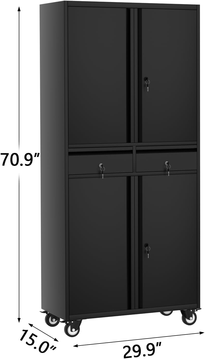 GarveeHome 72' Metal Storage Cabinet with Wheels, Locking Doors & 2 Drawers,Heavy Duty Rolling Garage Organizer with 2 Adjustable Shelves (with Wheels, with 2 Draws)