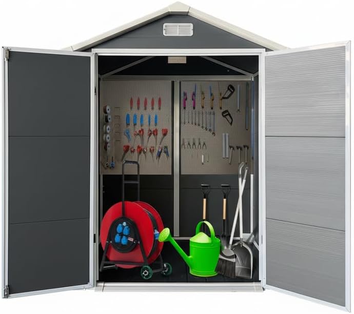 YOPTO 6x4 FT Plastic Storage Shed,Outdoor Storage Shed with Floor and Lockable Door,Waterproof Garden Shed W/Windows & Vents,Sloped Roof,Tool House for Storing Bicycles,Lawnmowers,Gray