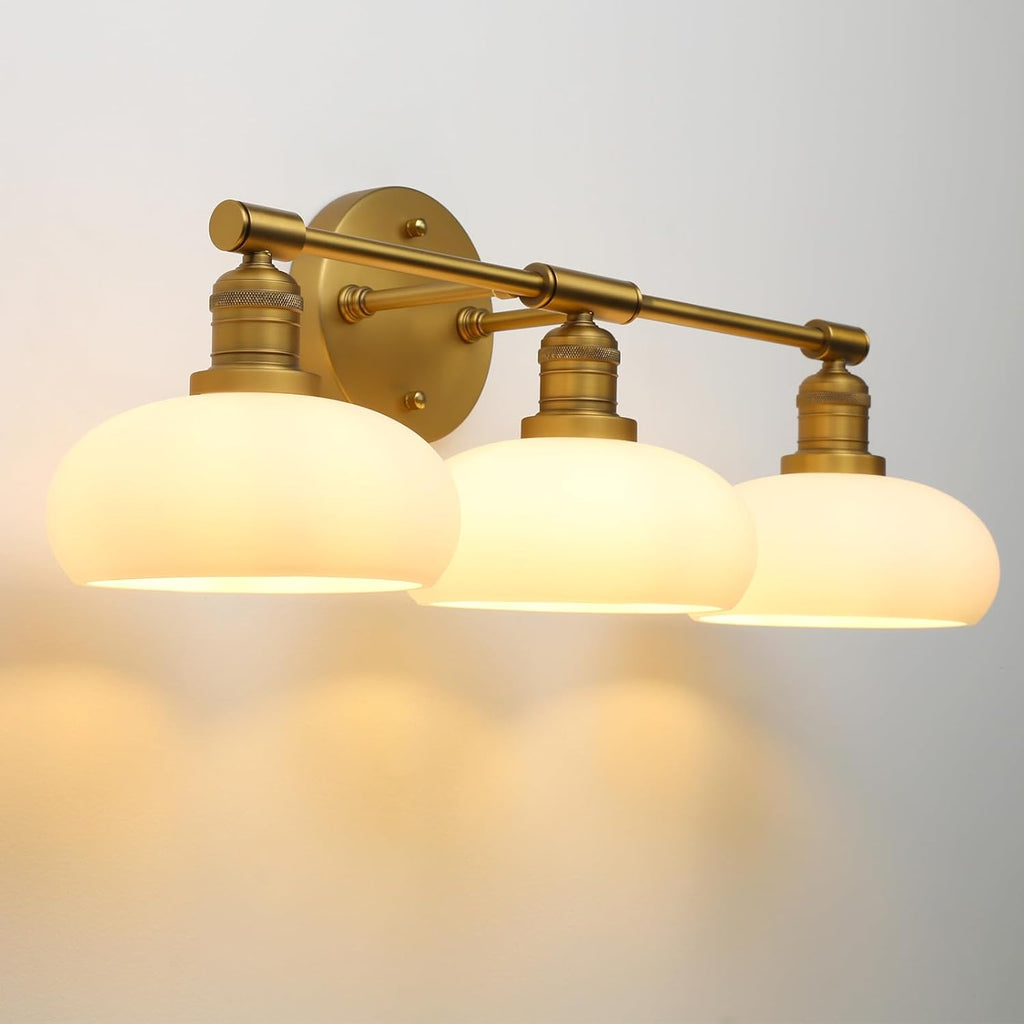 Pathson 3-Lights Milky Bathroom Wall Sconces, Hardwired Triple Head Glass Wall Vanity Light Fixtures, Vintage Wall Lamps Home Decor for Mirror Living Room, E26 Bulb Base