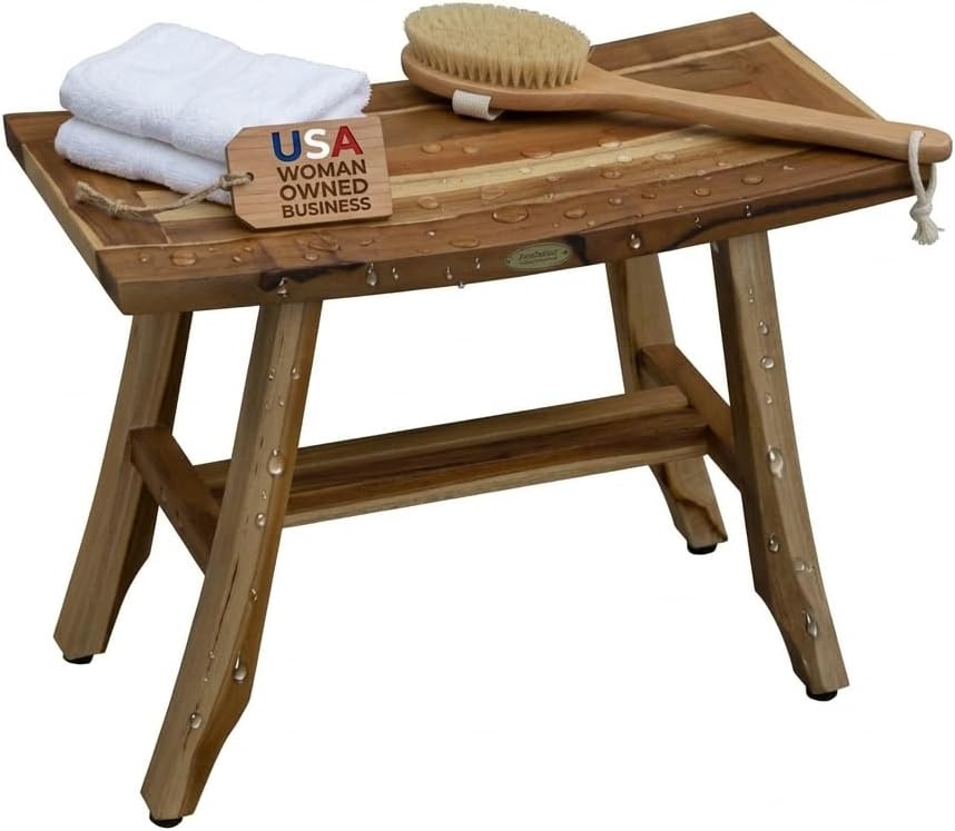 EcoDecors 24 Inch Satori Natural Teak Waterproof Teak Wood Shower Bench Stool Seat Chair for Inside Shower Provides Safety, Storage, and Organization for Bathroom Accessories
