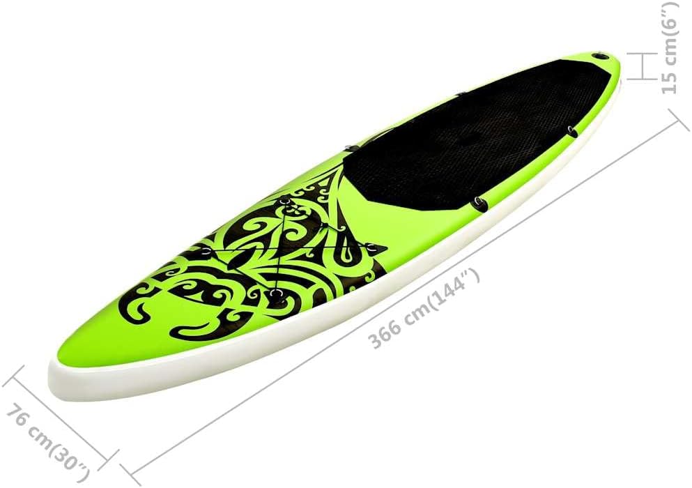 vidaXL Inflatable Paddleboard Set - 144.1'x29.9'x5.9' Stand Up Paddle Board in Green - Kayak & Paddleboard, Optimum Curve Design for Stability, Puncture-Proof and UV-Resistant Material, Includes H...