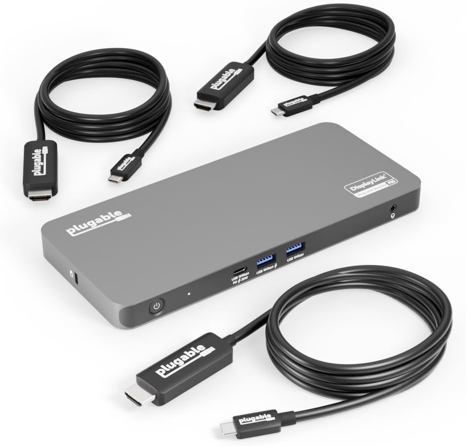Plugable 5 Monitor USB-C Docking Station with 140W Power + 3X USB-C to HDMI 4K@60Hz Cables (6ft) - Complete Multimonitor Dock Bundle for Mac and Windows