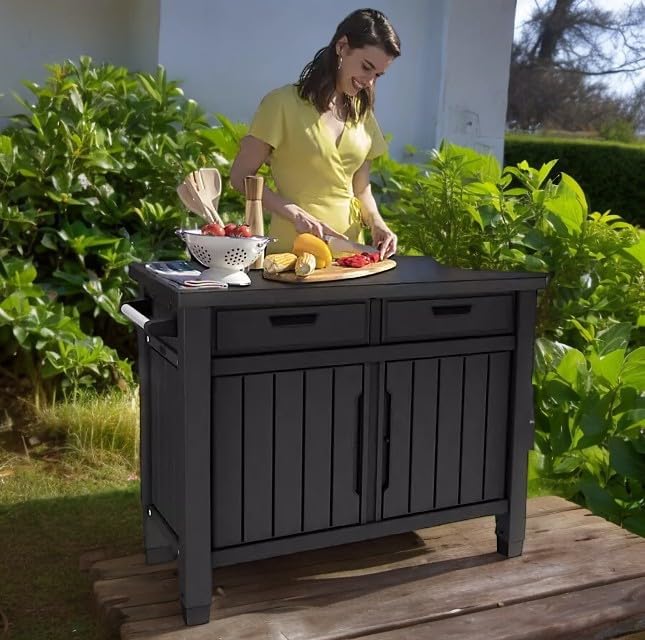Outdoor Space with This Versatile Outdoor Grill Table with Storage and Drawers in Graphite Gray - Perfect for Entertaining with Ample Storage and Sleek Design
