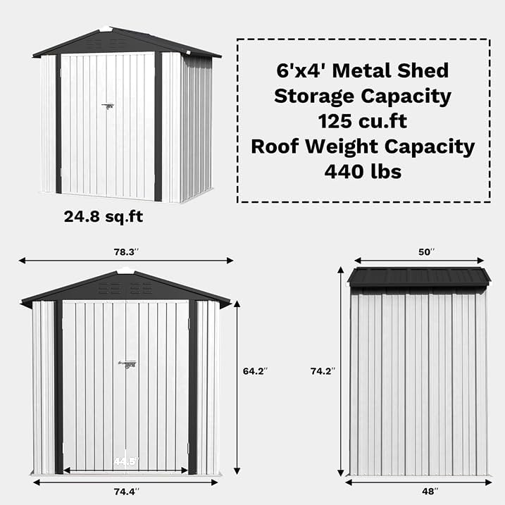Greesum 6x4FT Outdoor Storage Shed, Metal Storaged Sheds with Lockable Doors, Sheds & Outdoor Storage for Bike, Backyard, Pool and Garden, White