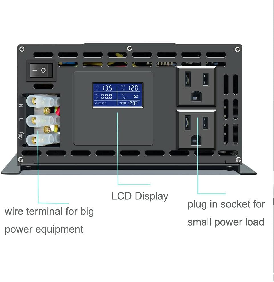 WZRELB Pure Sine Wave Inverter 3000W 12VDC to 120VAC Solar Power Peak 6000W Converter Truck RV Home LCD Display, Black (LN300012)