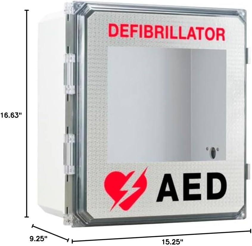 Alarmed Outdoor AED Cabinets. Fits All Defibrillators on The Market. Perfect for use in Schools, Churches, Arenas, or Other campuses. Measures 16.63' H x 15.25' L x 9.25' D.