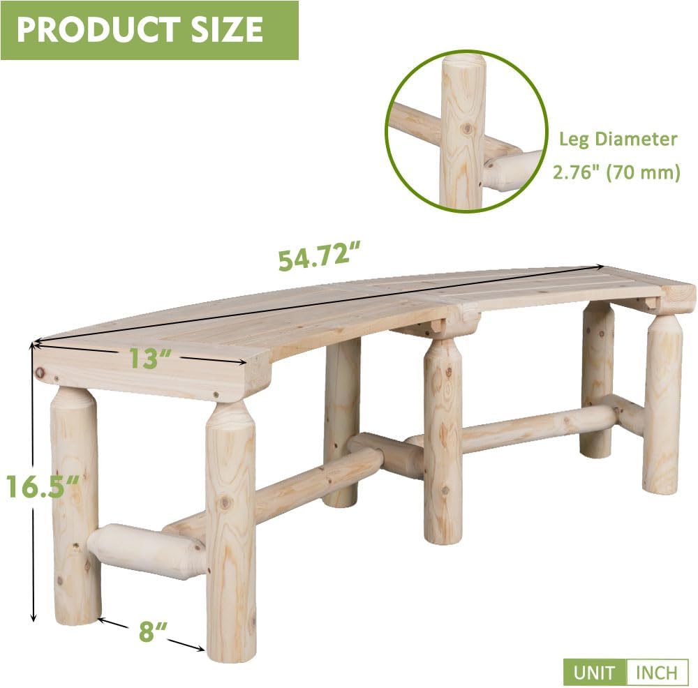 Outdoor Wooden Curved Backless Porch Bench Rustic Style Cedar/Fir Wood Log Fire Pit Bench for Patio Garden Deck and Backyard, 40'-54' W×13' D×16.5' H, 2 Packs