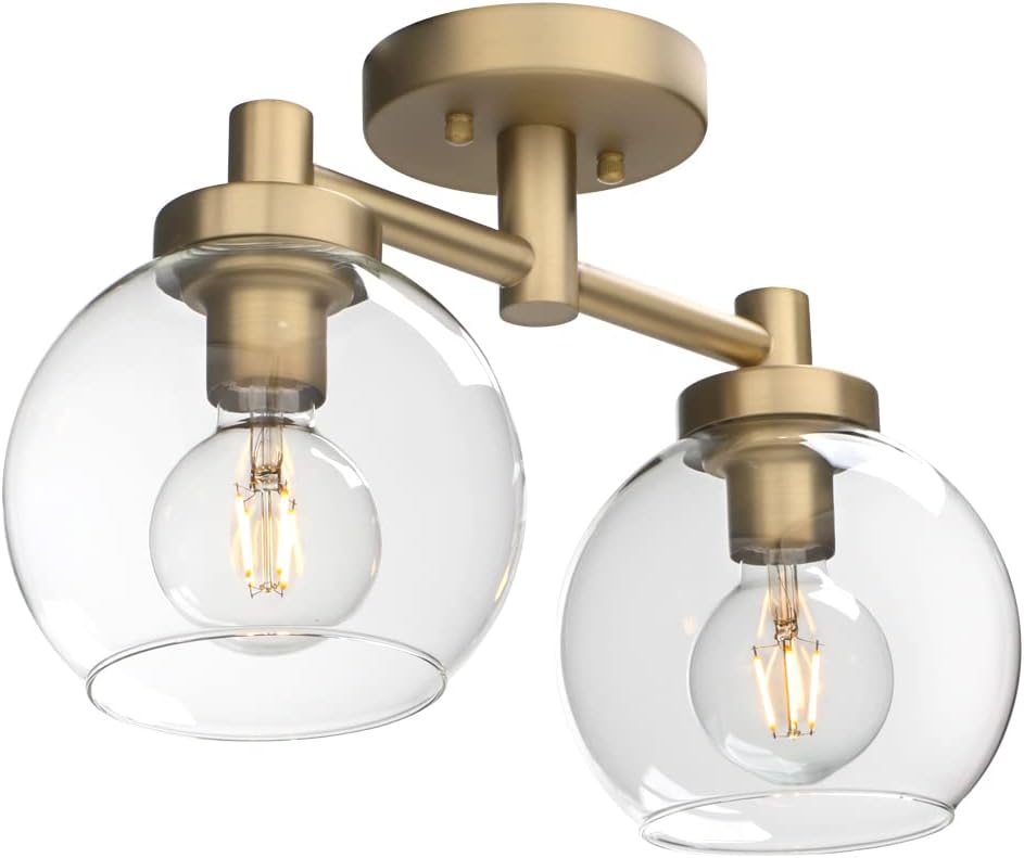 Pathson Glass Ceiling Light Fixtures, 2 Lights Globe Round Ceiling Lighting Lamp, Semi-Flush Mounted Ceiling Lights for Living Room Bathroom Hallway Loft Kitchen