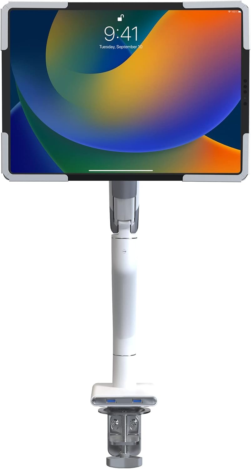 CTA Digital Tablet Arm Clamp Mount for Desks with Anti-Theft Security for iPad 10.2 Series - iPad Air 3 - & iPad Pro 10.5 - White (PAD-SSMAE)