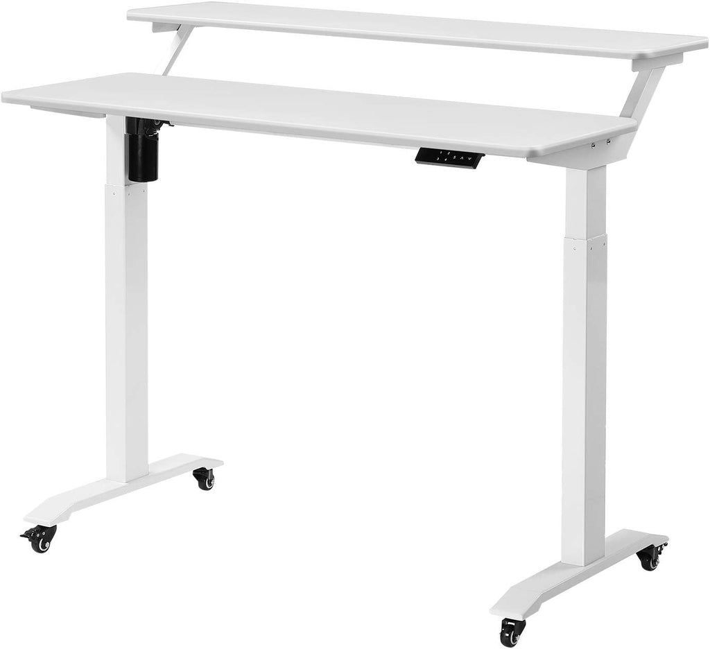 UNICOO Electric Height Adjustable 2-Tier Raising Desk with Wheels, Mobile Standing Desk with Monitor Stand, Ergonomic Adjustable Computer Table, Electric Standing Game Table for Home Office