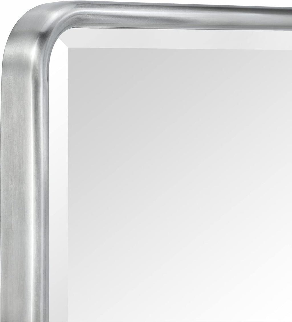 TEHOME Farmhouse Brushed Nickel Metal Framed Recessed Bathroom Medicine Cabinet with Mirror Rounded Rectangle Medicine Cabinet with Beveled Mirror 16x24''