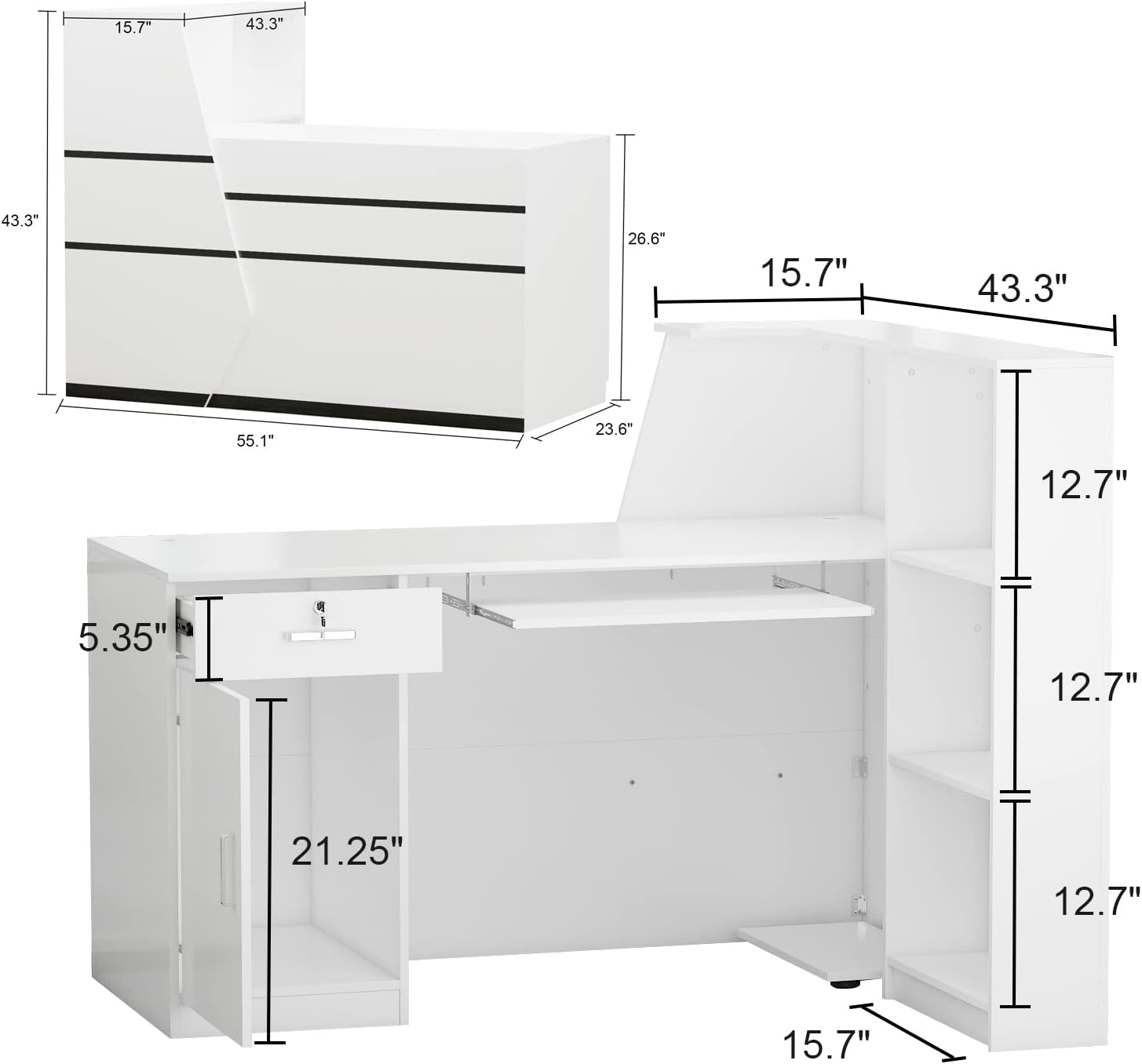ECACAD 55.1' W L-Shaped Reception Desk with Lockable Drawer, Open Shelves & Keyboard Tray, Office Desk Reception Counter Table with File Cabinet and Black Stickers, White