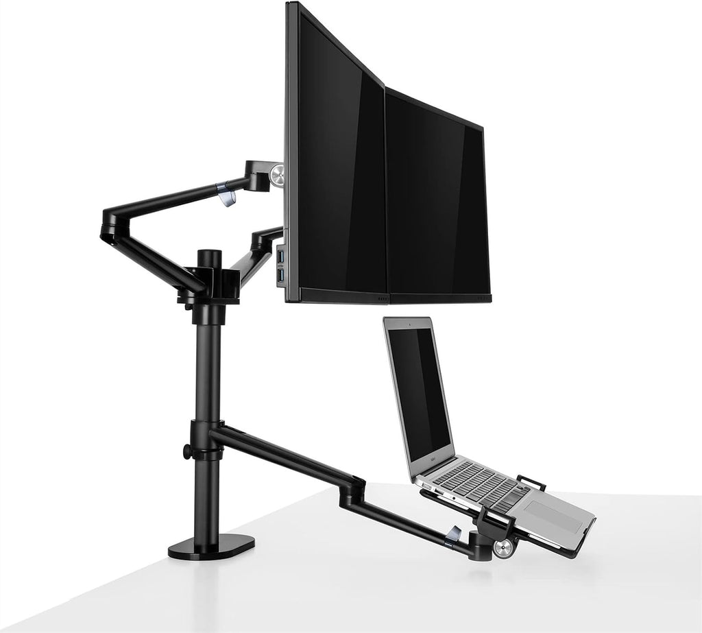 Display Bracket Arm Monitor and Laptop Mount, Gas Spring Monitor Stand Fit Two 17-32' Flat Curved Screens and 12-17' Laptop with C Clamp, Grommet Mounting Base Display Bracket