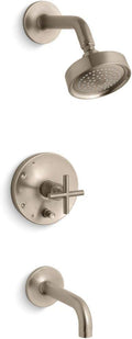Kohler T14421-3-BV Purist Rite-Temp pressure-balancing bath and shower faucet trim with push-button diverter, 7-3/4' spout and cross handle, valve not included