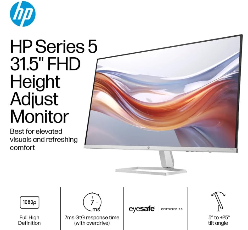 HP 32' FHD(1920X1080) VA Panel Monitor, Anti-Glare Display, 100Hz Refresh Rate, 7 MS Response Time, 2 x HDMI 1.4, 1 x VGA, 16:9 Aspect Ratio, Silver, with 5ave HDMI Cable