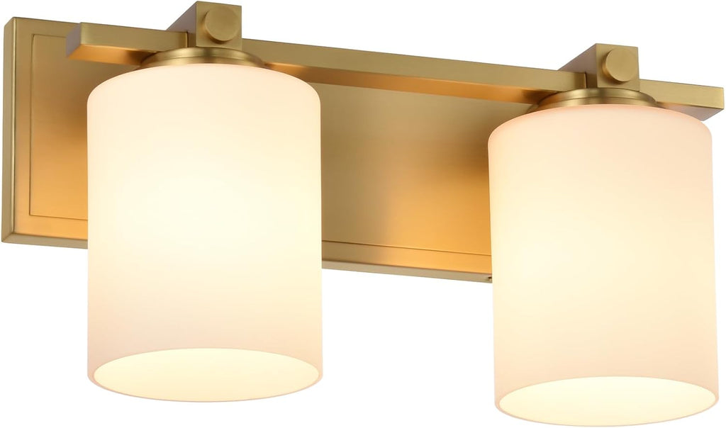 Gold Bathroom Vanity Light Fixtures, Aged Brass 2 Lights Transitional Vanity Lighting Fixture with Opal Glass Shade, Porch Wall Mount Light Fixture for Bathroom, Mirror Cabinets Hallway Stairs