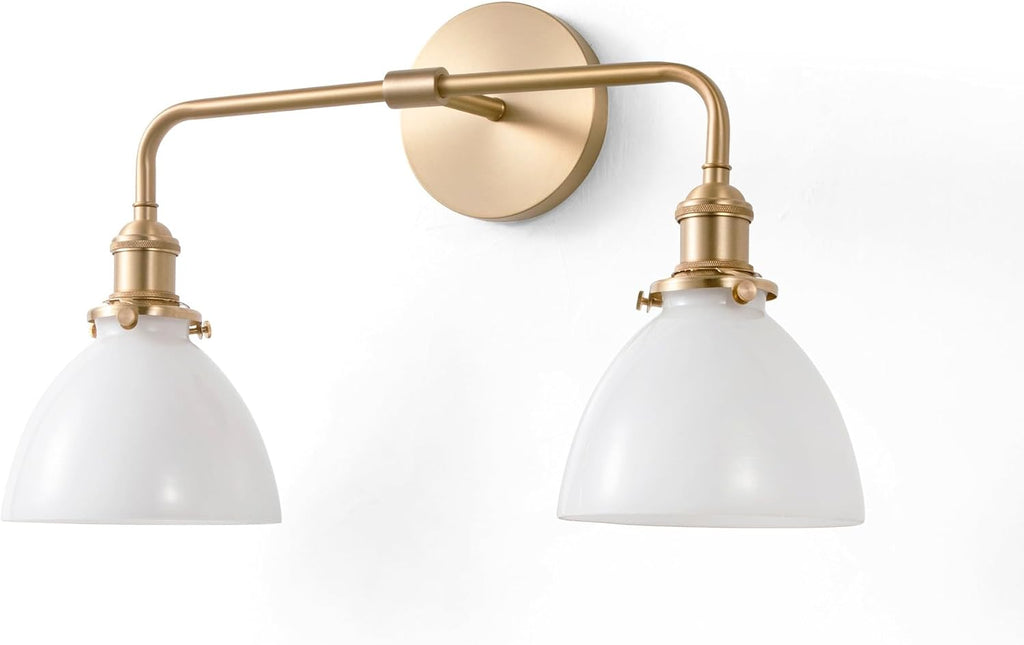 Gold Bathroom Vanity Light, Farmhouse Vintage Vanity Fixture with 2 Light Milk Glass, Brushed Gold Bathroom Light Fixtures (Bulb Included)