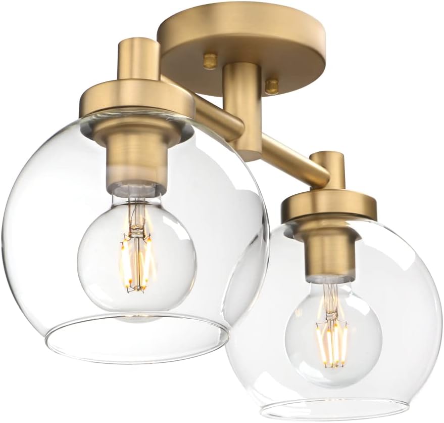 Pathson Glass Ceiling Light Fixtures, 2 Lights Globe Round Ceiling Lighting Lamp, Semi-Flush Mounted Ceiling Lights for Living Room Bathroom Hallway Loft Kitchen