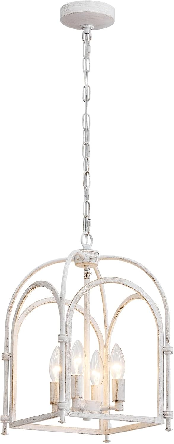 4-Light Chandeliers, Farmhouse White Chandelier for Dining Room Light Fixtures, Lantern Metal Kitchen Pendant Light Fixtures, Rustic Cage Chandelier for Bedroom Living Room Kitchen Island Hallway