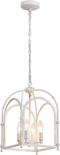 4-Light Chandeliers, Farmhouse White Chandelier for Dining Room Light Fixtures, Lantern Metal Kitchen Pendant Light Fixtures, Rustic Cage Chandelier for Bedroom Living Room Kitchen Island Hallway