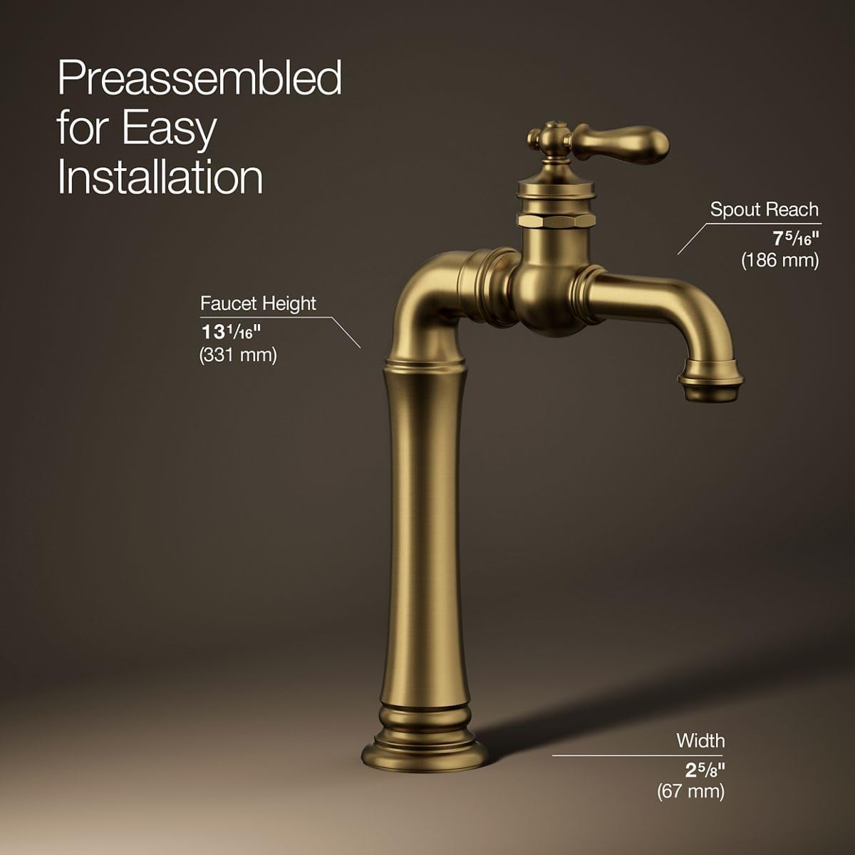 Kohler 72763-9M-2MB Artifacts® Gentleman's® Single-Handle Bathroom Sink Faucet, 1.2 gpm, Vibrant Brushed Moderne Brass