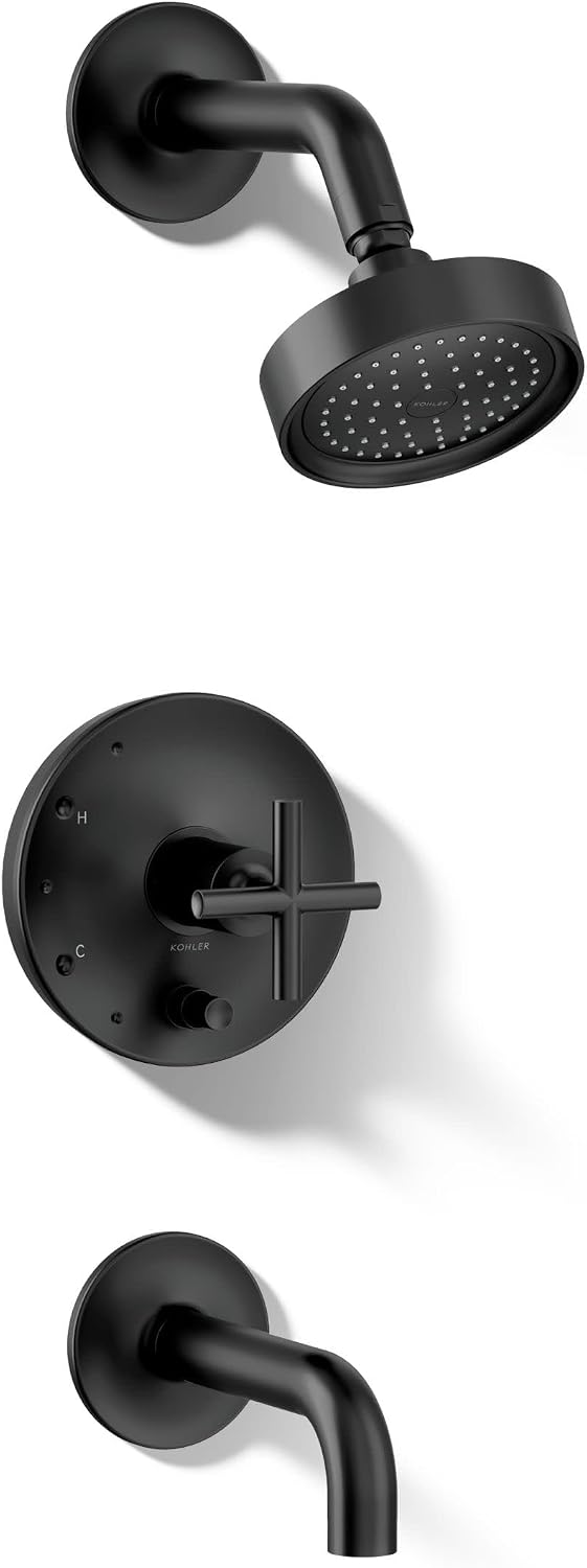 KOHLER K-T1441-3-BL Purist® Rite-Temp® Pressure-Balancing Bath and Shower Faucet Trim with Push-Button Diverter, 7-3/4-Inch Spout and Cross Handle