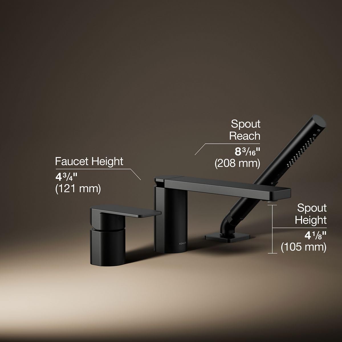 Kohler 23488-4-BL Parallel Single-Handle Deck-Mount Bath Faucet with handshower, Matte Black