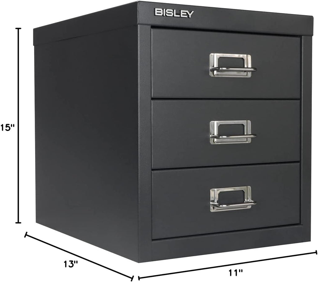 Bisley 3-Drawer Steel MultiDrawer Cabinet - Anthracite Grey | Chrome Pull Handles with Label Holders, Powder-Coated Steel, Removable Drawers, Desktop Storage, Labels Included
