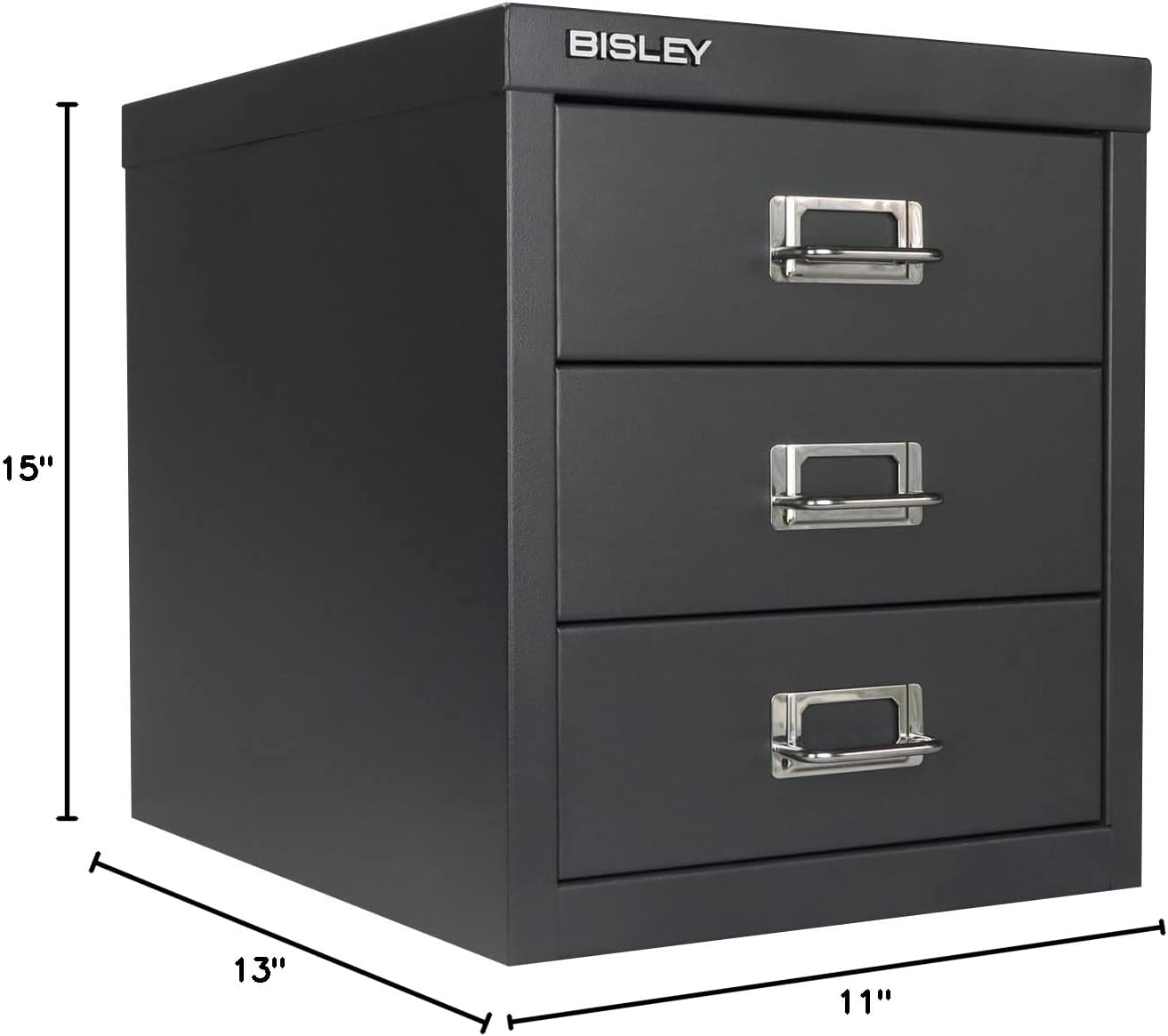 Bisley 3-Drawer Steel MultiDrawer Cabinet - Anthracite Grey | Chrome Pull Handles with Label Holders, Powder-Coated Steel, Removable Drawers, Desktop Storage, Labels Included