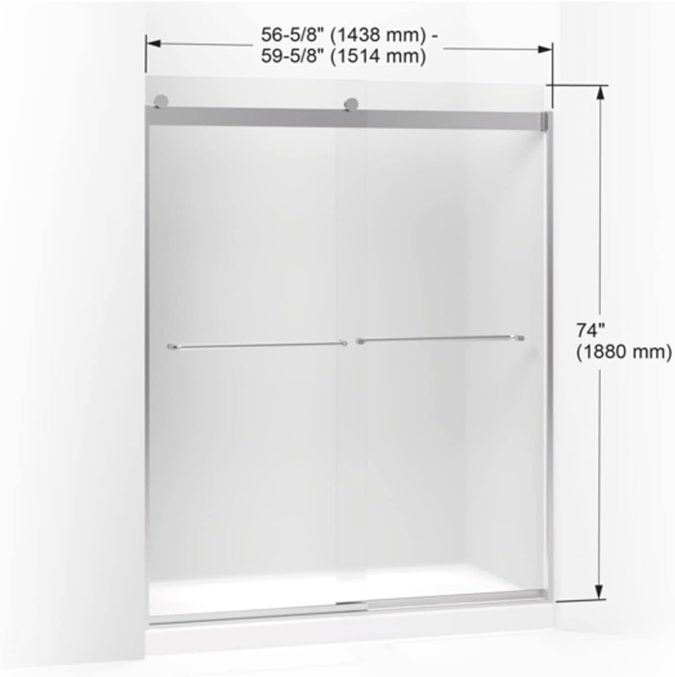 KOHLER Levity Sliding shower door, 74-in H x 56-5/8-59-5/8-in W, with 1/4-in thick Crystal Clear glass