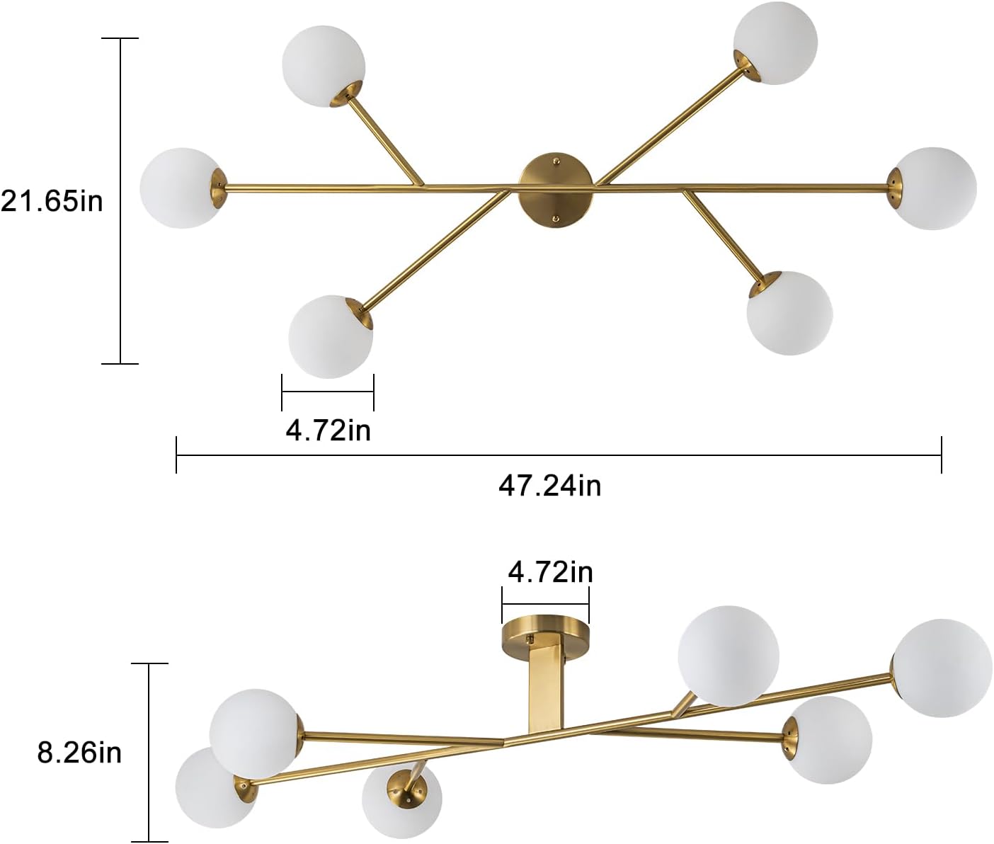 Lingkai 6-Light Gold Sputnik Semi Flush Mount Ceiling Light, 47.2' Modern Globe Milk Glass Bubble Chandeliers Ceiling Light Fixture with Ceramic Base for Kitchen Island Living Room Dining Room Entry