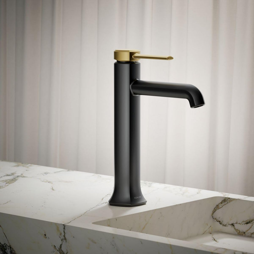 KOHLER 27003-4K-BMB Occasion Tall Single-Handle Bathroom Faucet with Pop-Up Drain Assembly, One Hole Bathroom Sink Faucet, 1.0 gpm, Matte Black with Moderne Brass
