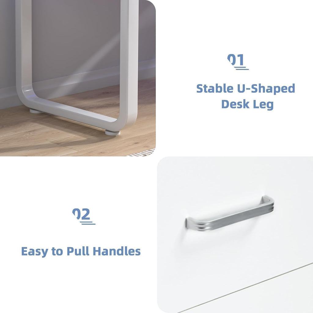 MaverickFurni 67' Home Office Desk with Drawers, Reversible Computer Desk with Moniter Stand and LED Lights, Long Desk with Printer Shelf, White and Walnut
