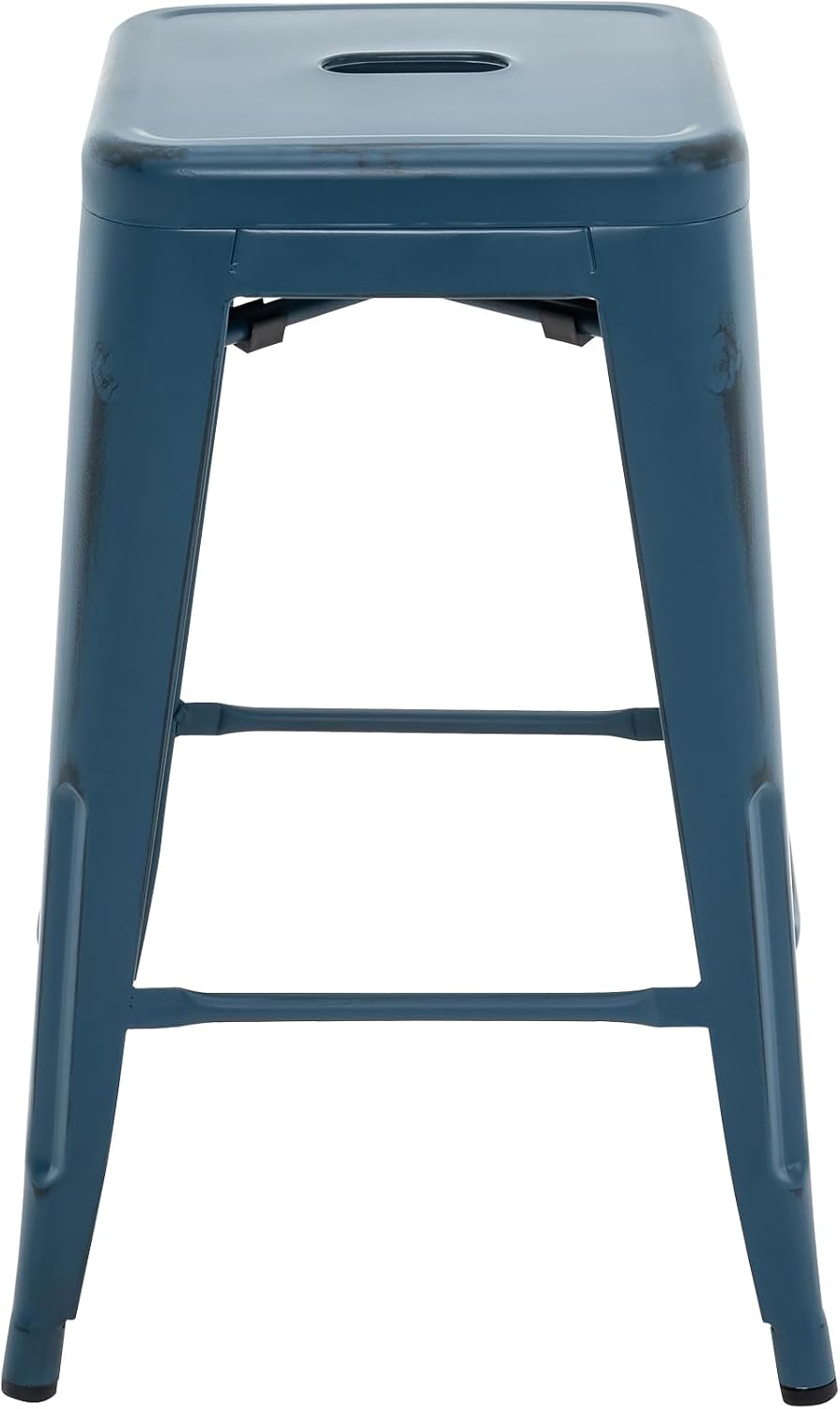 Vogue Furniture Direct 24 Inch Metal Bar Stools, Backless Counter Height Barstools, Indoor Outdoor Stackable Stools with Square Seat, Set of 4 (Distressed Deep Blue)