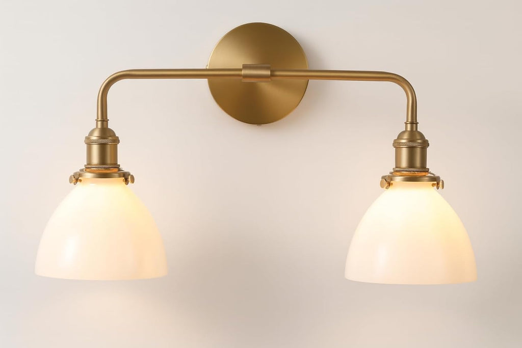 Gold Bathroom Vanity Light, Farmhouse Vintage Vanity Fixture with 2 Light Milk Glass, Brushed Gold Bathroom Light Fixtures (Bulb Included)