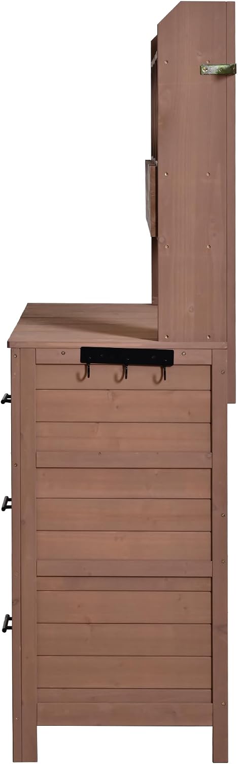 65' H Large Patio Potting Bench, Farmhouse Garden Workstation with 6 Drawers, Bottom Cabinet and Side Hook, Adjustable Shelf, Fir Wood Frame Outdoor Kitchen Island (Brown/101)