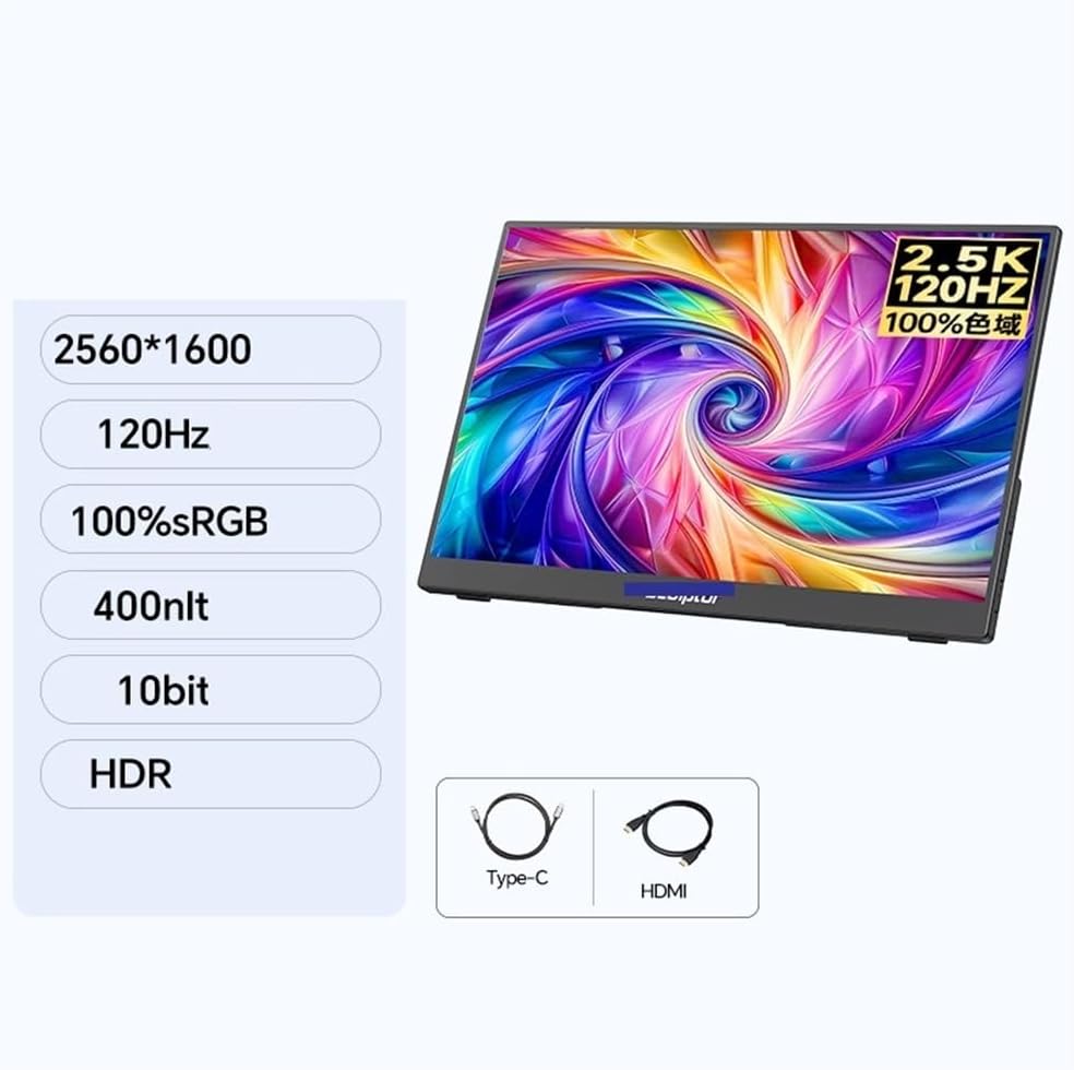 Flicker Free 2.5K 16-inch 120Hz Portable Display for Laptops, Mobile Phones, and Extended Secondary Screens with Speakers