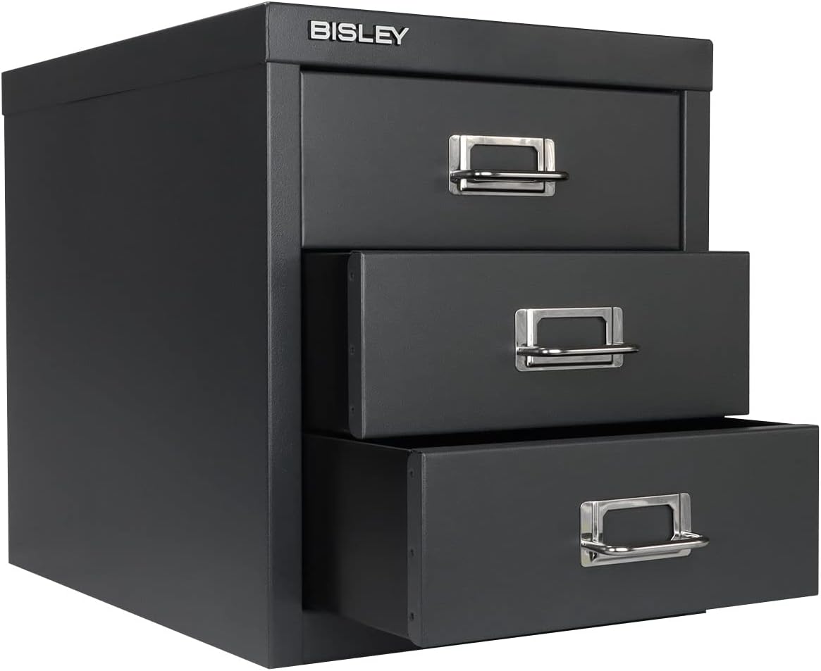 Bisley 3-Drawer Steel MultiDrawer Cabinet - Anthracite Grey | Chrome Pull Handles with Label Holders, Powder-Coated Steel, Removable Drawers, Desktop Storage, Labels Included